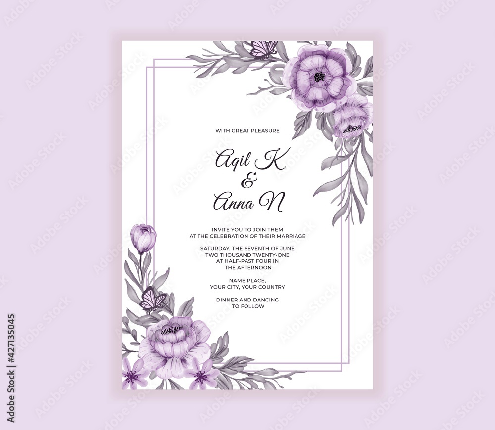 Modern wedding invitation card with beautiful purple flowers Stock ...