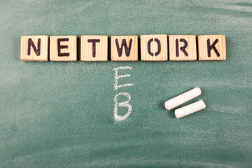 Network and Web concept. Wooden alphabet letters on a green chalk board