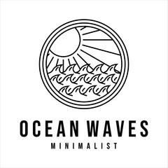 Wall Mural - ocean waves line art logo vector illustration template design. sea wave with sun badge icon creative design