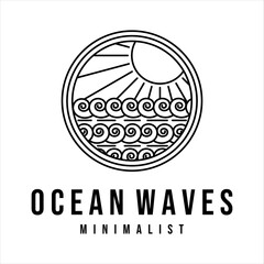 Wall Mural - ocean waves line art logo vector illustration template design. sea wave with sun badge icon creative design