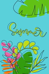 Poster - Summer card with tropic leaves and lettering text