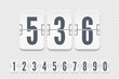 Set of white flip score board numbers with shadows for countdown timer or calendar isolated on transparent background. Vector template for your design.