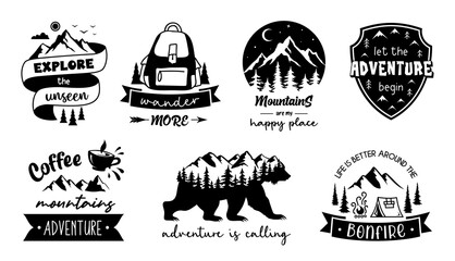 Wall Mural - adventure emblems, signs and labels. set of travel, camping and adventure vector designs with quote.