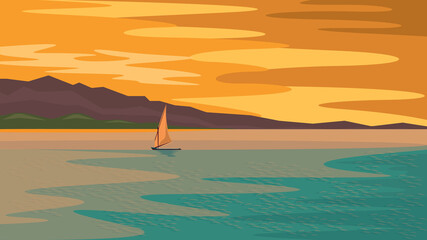 Sailboat in the sea bay at dawn, beautiful landscape, vector illustration, banner, cover, wallpaper.