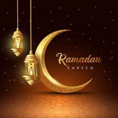 Wall Mural - Ramadan Kareem islamic design crescent moon and  lantern with arabic pattern and calligraphy