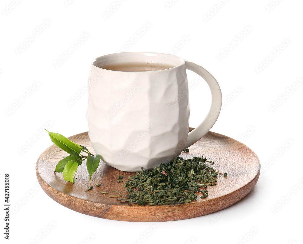 Tray with cup of green tea on white background
