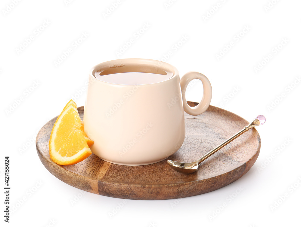 Tray with cup of green tea on white background