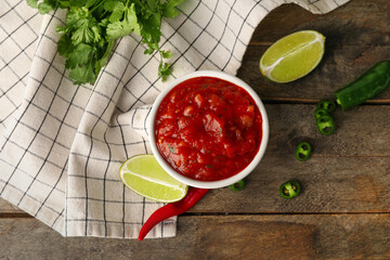 Bowl of tasty salsa sauce with ingredients on wooden background