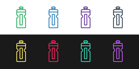 Sticker - Set line Fitness shaker icon isolated on black and white background. Sports shaker bottle with lid for water and protein cocktails. Vector