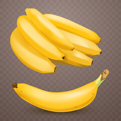 Set of 2 realistic bananas on checkered transparent background.. Tropical fruits. 3D vector illustration