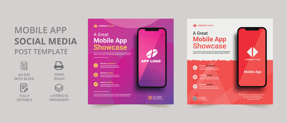 Mobile app promotion social media post banner template design. social media post template. poster, flyer, brochure, leaflet, banner.
