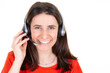 © OceanProd - friendly happy call center consultant smiling woman with headset phone in white background