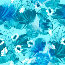Creative Seamless Watercolor Pattern Of Plants, Herbs, Flowers, Poppy, Lily, Tulip. Blue Flowers Watercolor, Stylish Pattern. Abstract Paint Splash. Watercolor Blue  Background. 