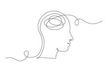 Continuous One Line Drawing Of A Person With Confused Feelings Worried About Bad Mental Health. Problems, Failure And Grief Concept. Lineart Vector Illustration