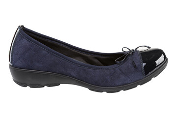 One blue women's shoe made of suede leather, low-soled with a protector, on a white background