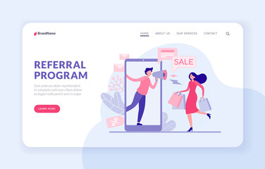 Referral program landing page website banner template. Vector flat illustration. Female character with bags runs for promotional items. Marketer with megaphone online application talks about discounts