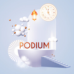 Wall Mural - 3d realistic white circle podium with glass showcase, gold lantern, stairs, flying spheres and fog. 