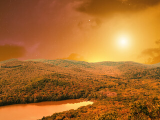 Wall Mural - landscape with big bright nebula and stars.