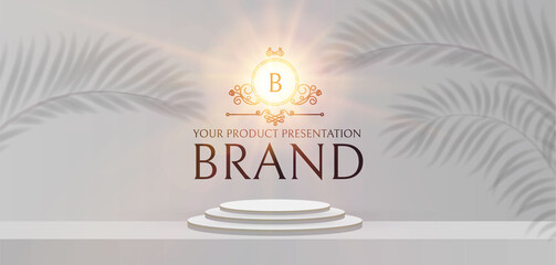 Wall Mural - 3d podium. realistic minimal empty scene. showcase and shelf. round empty stage with palm leafs shad