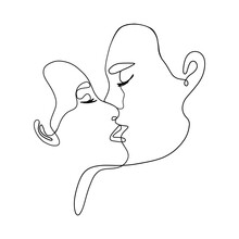 Love Couple Line Art. Minimalist Man And Woman Faces, Continuous Linear Kiss Drawing, Minimal Fine Line Tattoo. Vector Abstract Illustration