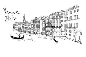 Poster - Vector sketch of scene in Venice with channel, gondola and architecture.