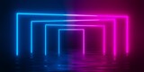 Fototapeta Do przedpokoju - Multiple modern futuristic abstract blue, red and pink neon glowing light rectangle gates or frames rotated in dark room background with reflective floor