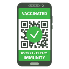 Travel Immune Passport In Mobile Phone. Covid-19 Immunity Certificate For Safe Traveling Or Shopping. Electronic Health Passport With QR Code. Immunity Digital Document From Coronavirus