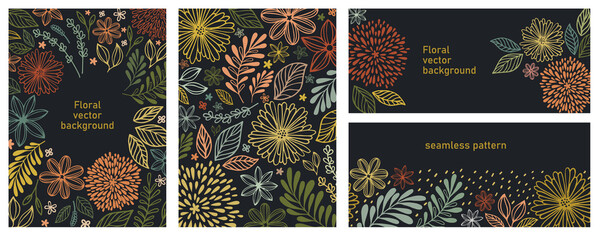 Vector illustration and seamless pattern in warm colors. Children abstract drawing floral in doodle style. Set of universal hand drawn floral template for cover, home decor, backgrounds, cards. 