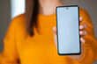 © perfectlab - Woman hold mobile phone screen mockup in hands in orange sweater