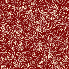  Seamless nature plants background burgundy maroon white beige hand drawn branches. Contour wild grass floral repeating abstract pattern texture for fabric, wallpaper. Earth tones Surface design