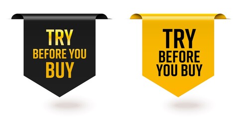 Try before you buy offer black yellow sale tag ribbon edge. Set of realistic three-dimensional glossy silky bookmark tape with product test advertising vector illustration isolated on white background