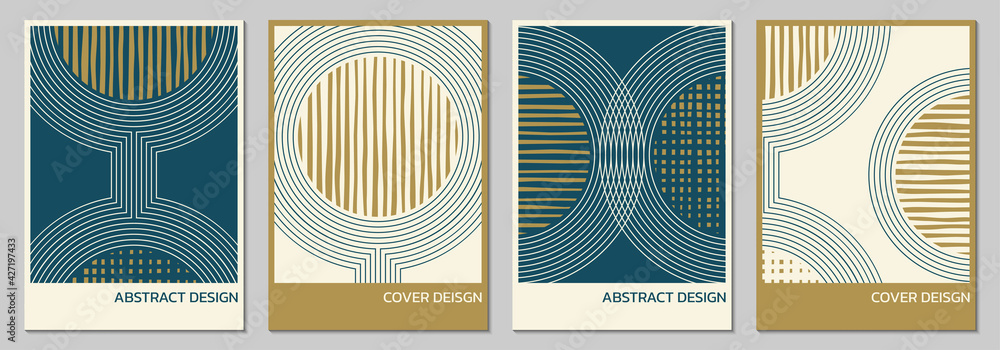 Abstract cover, poster, brochure design set with geometric background. Minimal art design with circles and lines. Vector illustration. - obrazy, fototapety, plakaty 
