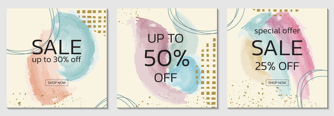 Wall Mural - sale background design set with watercolor abstract shapes and geometric design elements. brush pain