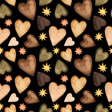 Watercolor Pattern With Brown Hearts And Stars. Seamless Background