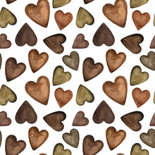 Watercolor Pattern With Brown  Hearts. Seamless Background