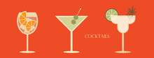 Set Of Cocktails. An Illustration Of Three Cocktails In Wine And Margarita Glass. Vector Illustration Of Summer Cocktails.