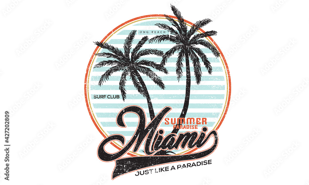 Vector de Stock Miami beach surf club t-shirt design. summer paradise ...