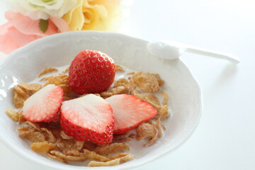 Wall Mural - freshness sliced strawberries and corn flakes