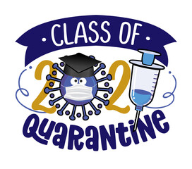 Wall Mural - Congratulations Graduates Class of 2021 - Kawaii coronavirus with graduation hat and vaccine. Vector illustration of a graduating class of 2021. Good for t-shirts, yearbook. funny illustartion.
