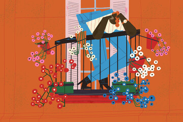 Young adult woman stays positive and enjoys his full colorful flowering balcony. Wellness and lifestyle illustration concept.