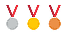 Gold, Bronze And Silver Medal With Ribbon. Icon Of Award. Gold Medal For 1st Place In Olympic Games. Prize For Winner. Golden Award For Sport In Flat Style. Badge For Victory And Ceremony. Vector