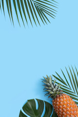  Top view of fresh pineapple with tropical leaves on blue background.