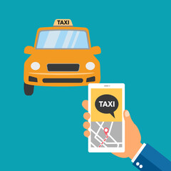 Hand order taxi from smartphone mobile app in flat design. Taxi app for phone booking service concept.