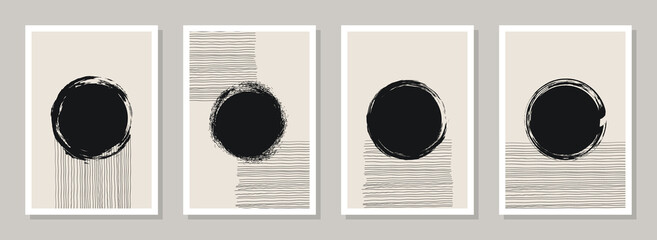 Trendy abstract minimalist art compositions A4 set. Mid-century minimalist artwork. Black and white hand painted watercolor shapes. Aesthetic backgrounds for web banners, social media posts. CMYK