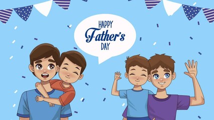 Poster - happy fathers day lettering in speech bubble with dads and sons in party