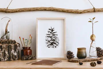 Wall Mural - Stylish and scandinavian interior of living room with mock up templates, wooden accessories, succulents, forest cones, plants, notes and personal stuff. Minimalistic home decor.