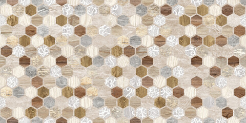 Wall Mural - hexagon patterned background on a cream wooden background