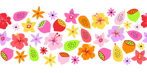 Seamless border summer fruit flower border. Repeating cute floral horizontal kids vector background Scandinavian style. Abstract exotic tropical flower, lemons for summer decor, footer, cards, banner