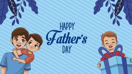 Poster - happy fathers day lettering with dad and sons and gift