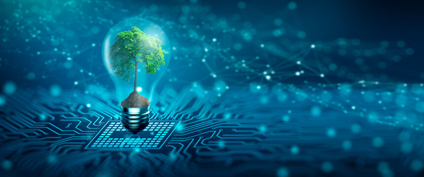 Wall Mural -  - Tree with soil growing on  Light bulb. Digital Convergence and and Technology Convergence. Blue light and network background. Green Computing, Green Technology, Green IT, csr, and IT ethics Concept.